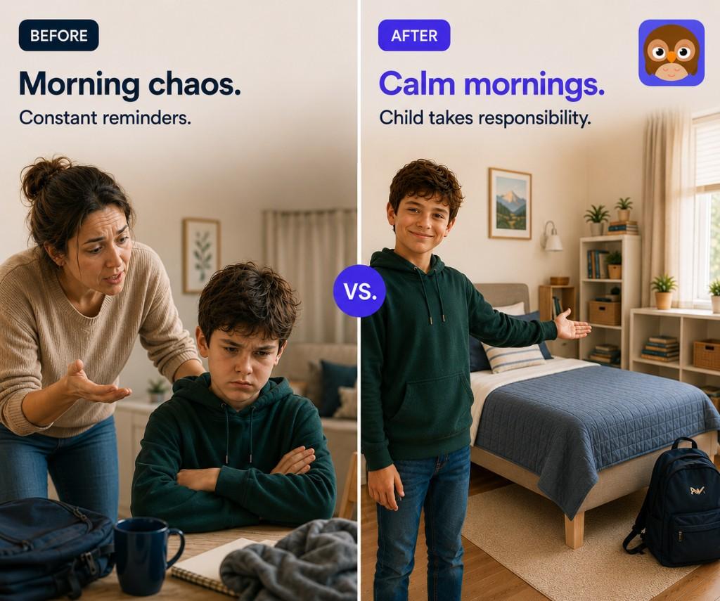 Before: Morning chaos and constant reminders. After: Calm mornings where kids take charge.