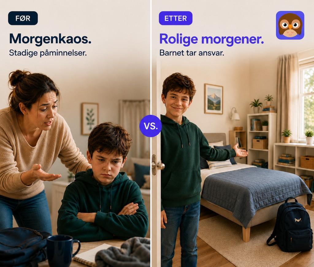 Før: Morgenkaos og stadige påminnelser. Etter: Rolige morgener der barnet tar ansvar.