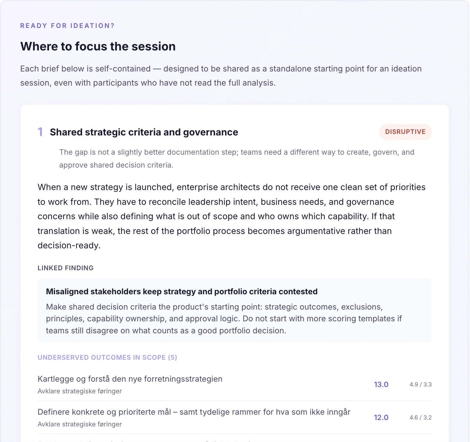 Jobmap AI analysis brief summarizing a strategic gap with its linked findings and underserved outcomes