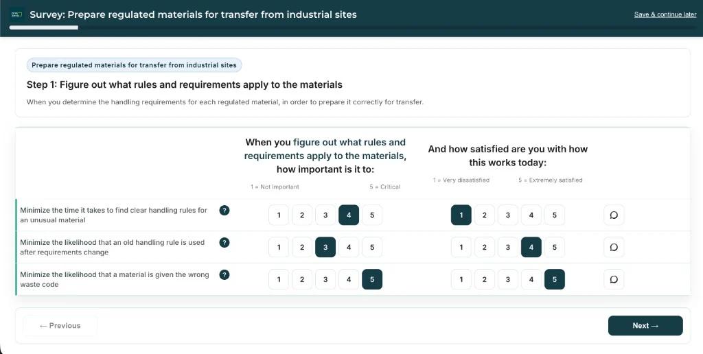 Jobmap survey asking respondents to rate importance and satisfaction for specific customer needs.