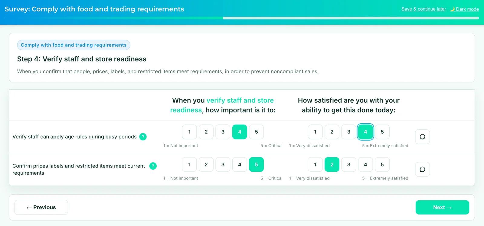 Jobmap survey module asking respondents to rate importance and satisfaction for specific outcomes