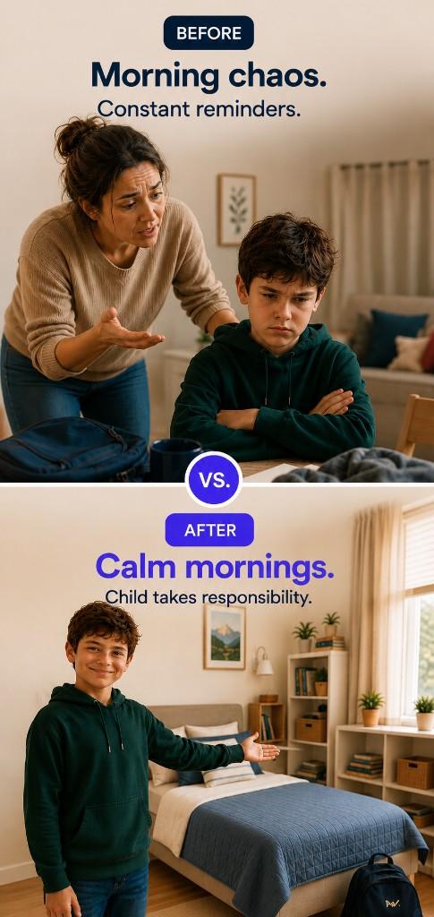 Before: Morning chaos and constant reminders. After: Calm mornings where kids take charge.