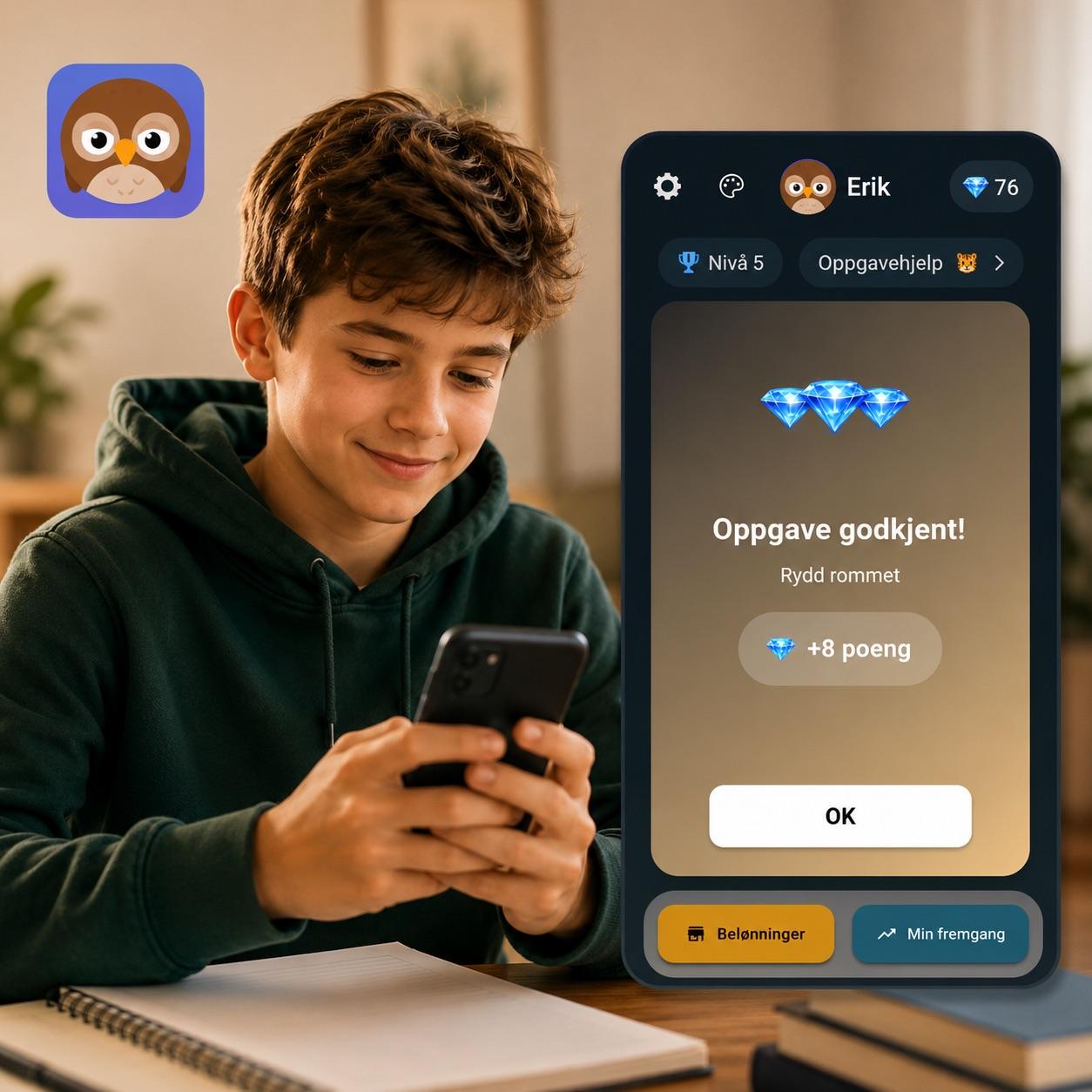 Child happily using Questy to complete tasks and earn points