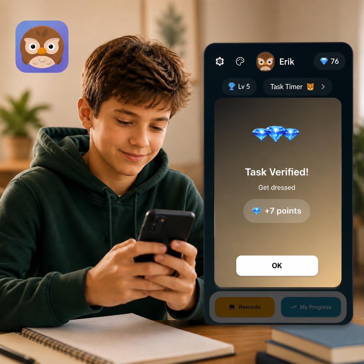 Child happily using Questy to complete tasks and earn points